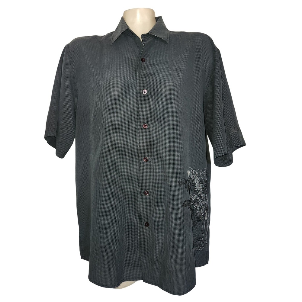 Hobie Mens Short Sleeve Button Down Shirt Gray Palm Tree Embroidered‎ M Coastal